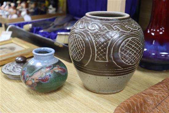 A turquoise glazed art pottery vase, a Chinese flambe vase and two studio pottery vessels